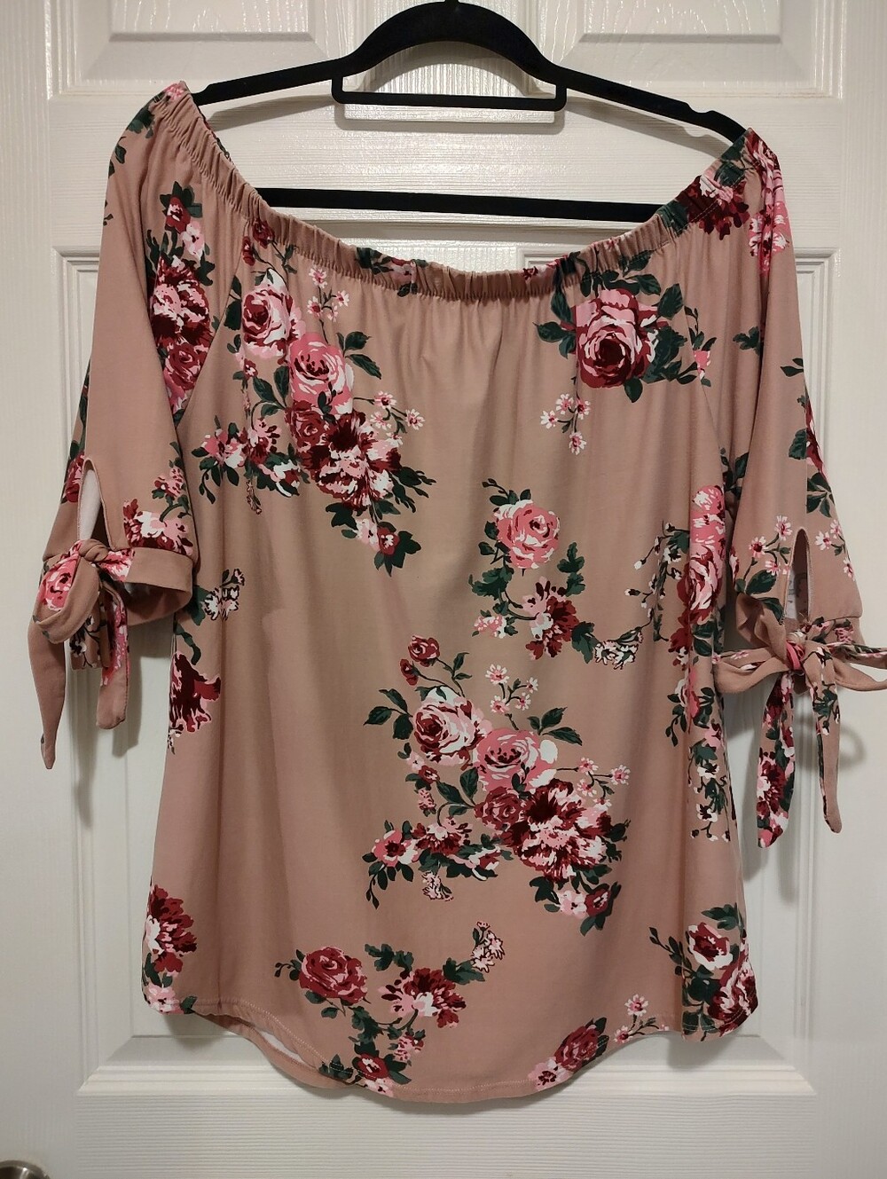 Floral Off-Shoulder Tie Sleeve Top - Blush Pink